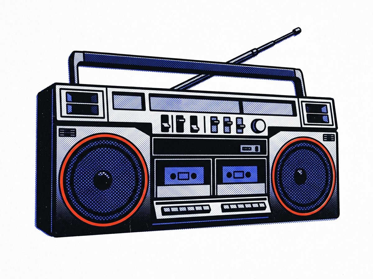 A 1980s boombox with twin cassette decks and red-rimmed speakers, printed in black and blue halftone