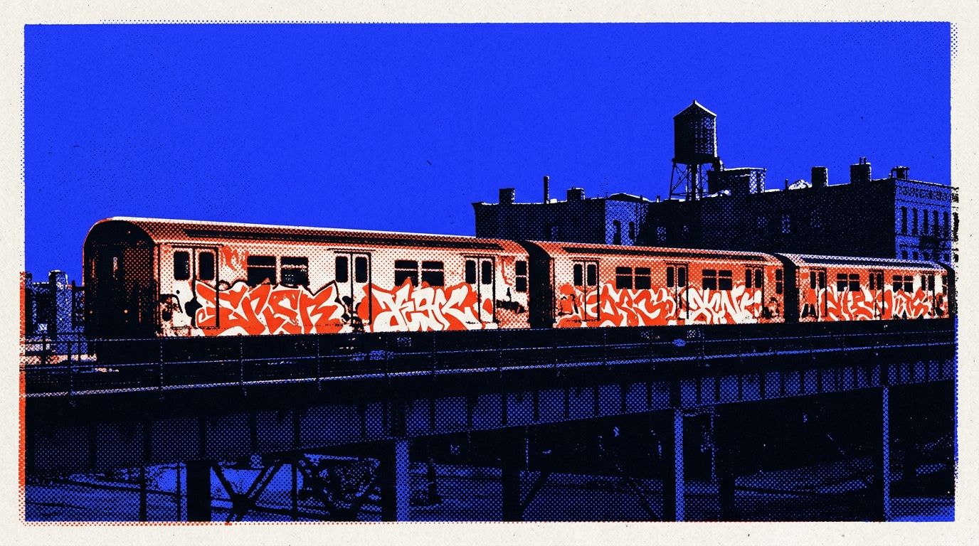 An elevated subway train covered in red and white graffiti crossing a bridge under a blue sky, a water tower behind