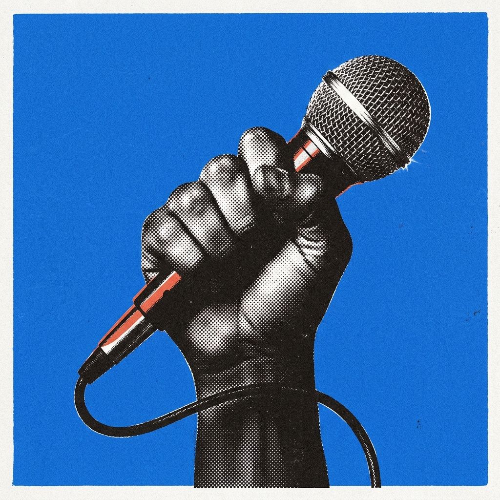 A fist holding a microphone up against a flat blue background